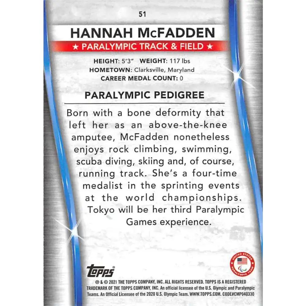 2021 Topps US Olympics and Paralympics Team Hopefuls NM-MT #51 Hannah McFadden Paralympic Track & Field Card - Other