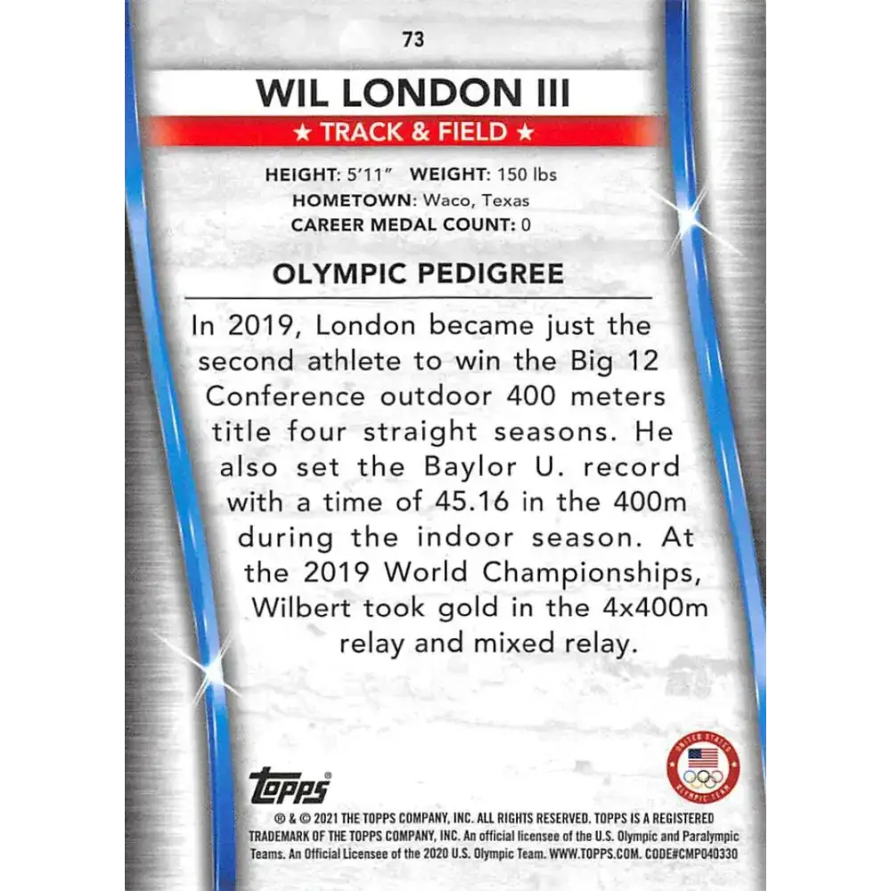 2021 Topps US Olympics and Paralympics Team Hopefuls NM-MT #73 Wil London III Track & Field Card - Other