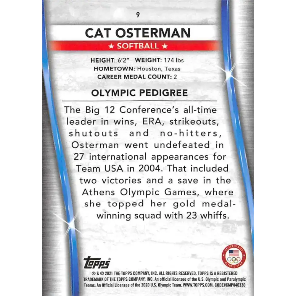 2021 Topps US Olympics and Paralympics Team Hopefuls NM-MT #9 Cat Osterman Softball Card - Baseball Card Single
