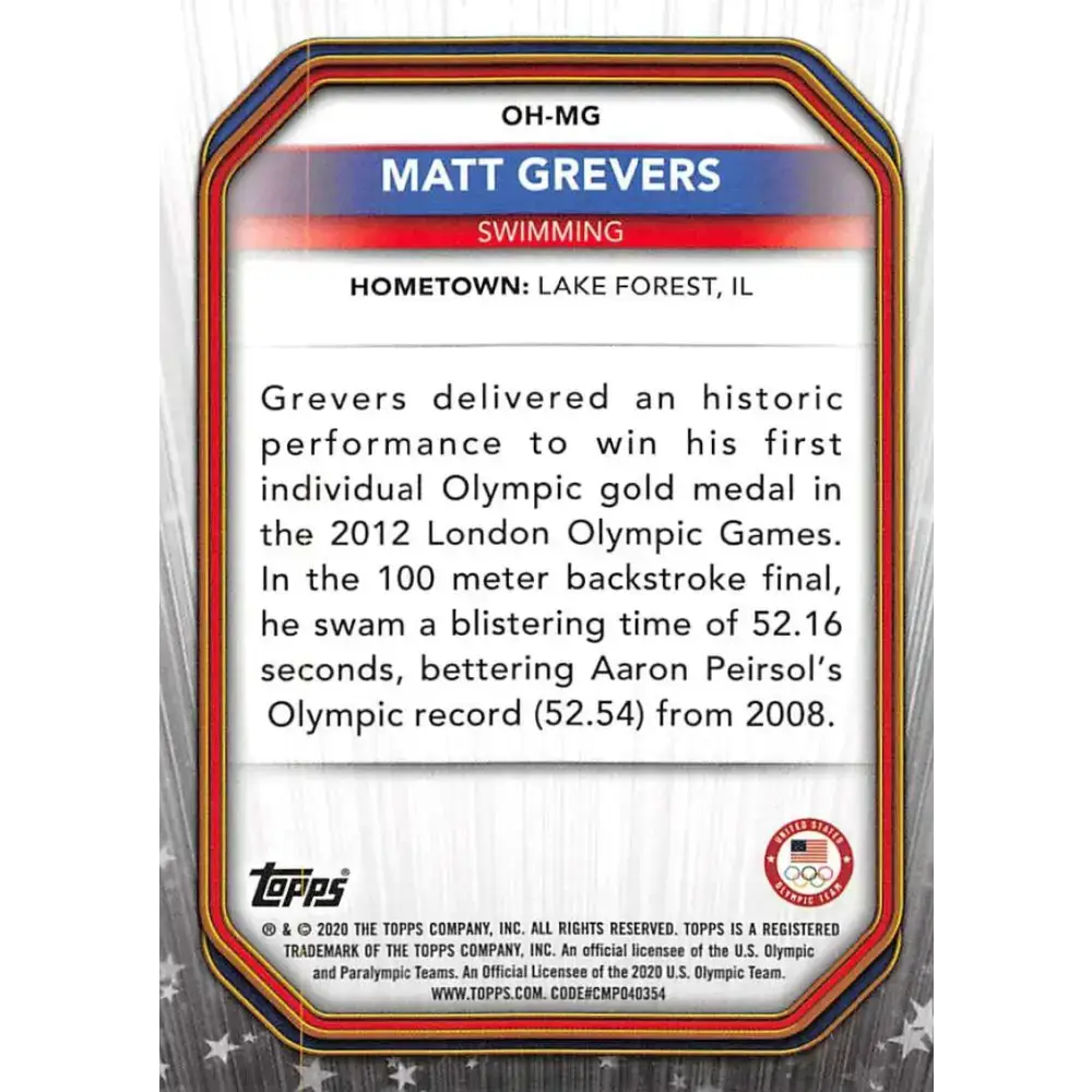 2021 Topps US Olympics Heroes #OH-MG Matt Grevers NM-MT Swimming Card - Other