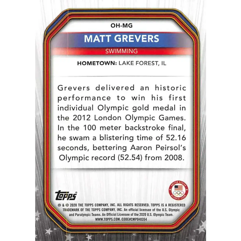 2021 Topps US Olympics Heroes #OH-MG Matt Grevers NM-MT Swimming Card - Other