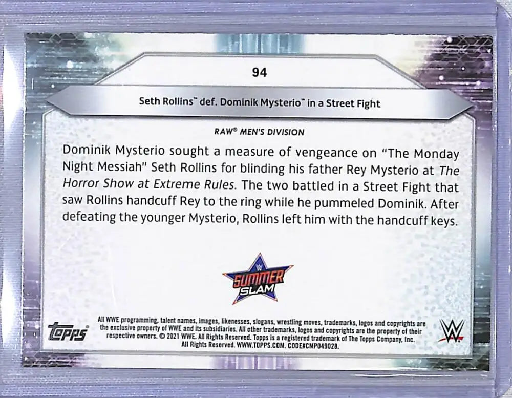2021 Topps WWE #94 Seth Rollins Def. Dominik Mysterio In A Street Fight NM-MT