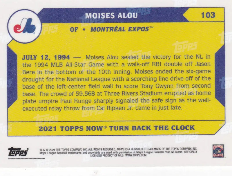 2021 TURN BACK THE CLOCK #103 MOISES ALOU- MONTREAL EXPOS - Baseball Card Single