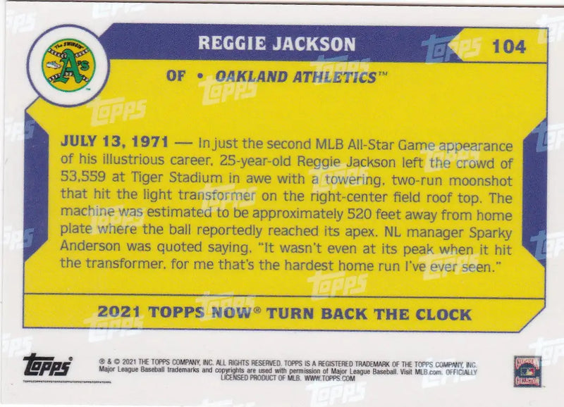2021 TURN BACK THE CLOCK #104 REGGIE JACKSON- OAKLAND ATHELTICS - Baseball Card Single