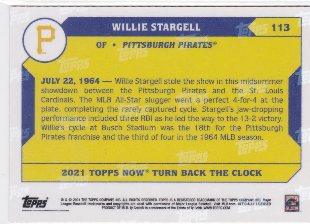 2021 TURN BACK THE CLOCK #113 WILLIE STARGELL- PITTSBURGH PIRATES - Baseball Card Single