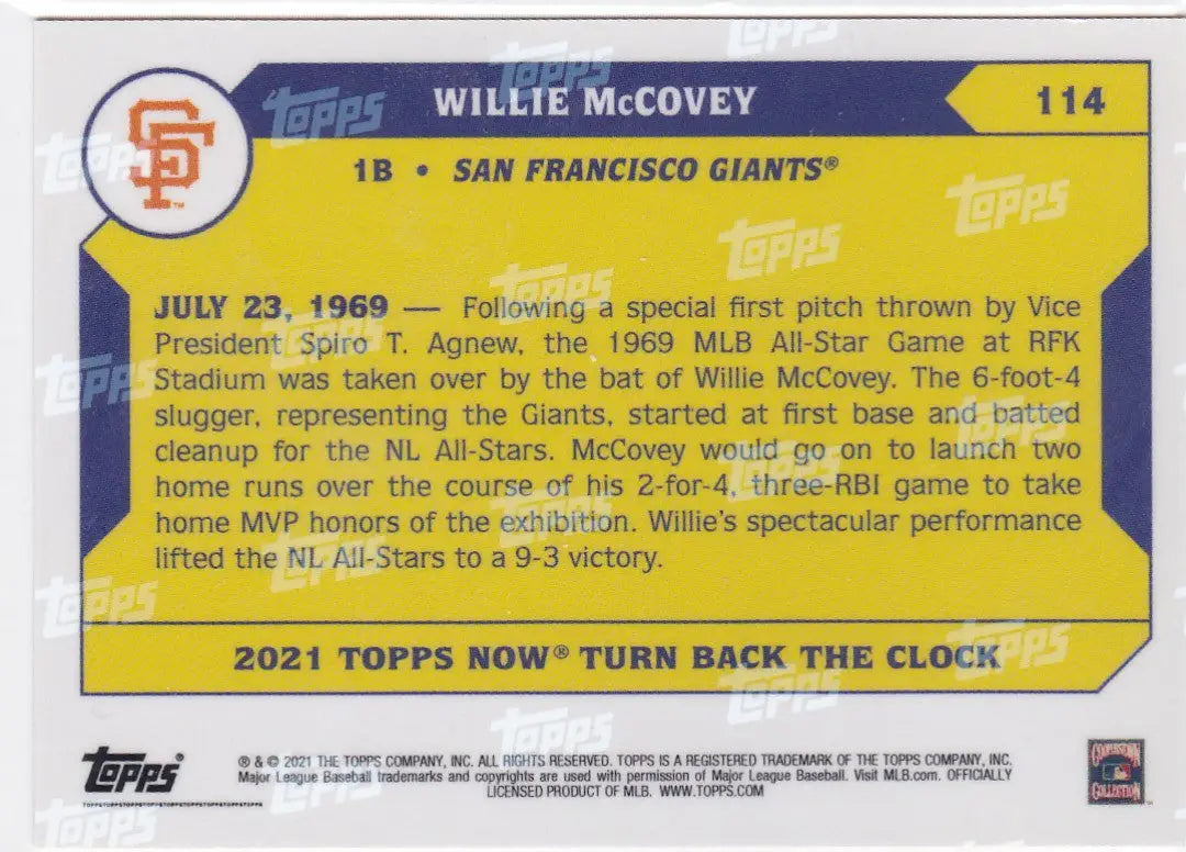 2021 TURN BACK THE CLOCK #114 WILLIE MCCOVEY- SAN FRANCISCO GIANTS - Baseball Card Single