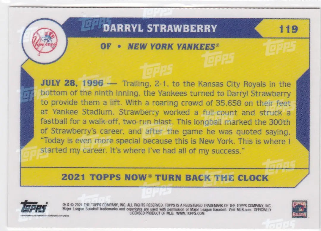 2021 TURN BACK THE CLOCK #119 DARRYL STRAWBERRY- NEW YORK YANKEES - Baseball Card Single