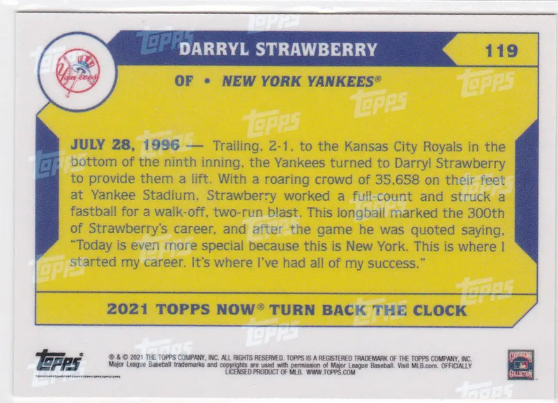 2021 TURN BACK THE CLOCK #119 DARRYL STRAWBERRY- NEW YORK YANKEES - Baseball Card Single