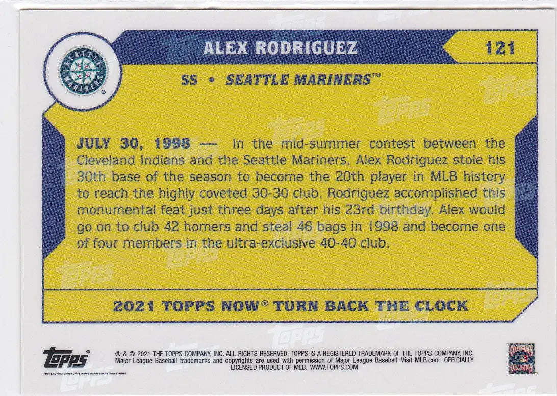 2021 TURN BACK THE CLOCK #121 ALEX RODRIGUEZ- SEATTLE MARINERS - Baseball Card Single