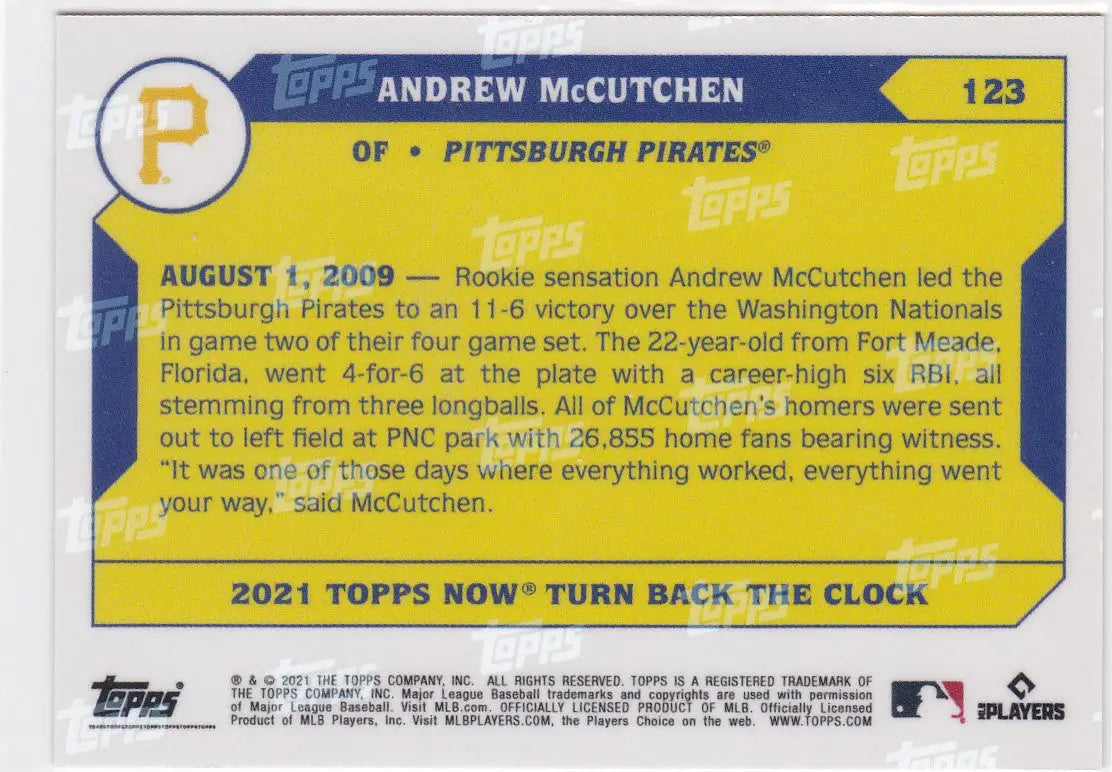 2021 TURN BACK THE CLOCK #123 ANDREW MCCUTCHEN- PITTSBURGH PIRATES - Baseball Card Single