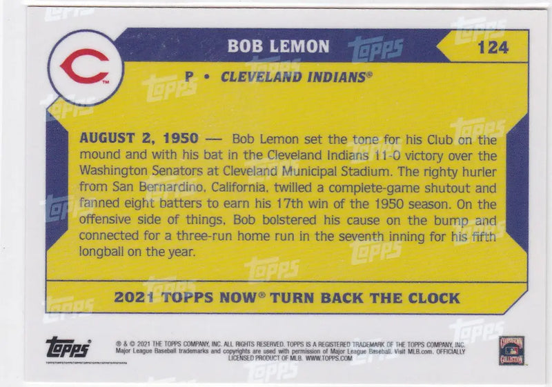 2021 TURN BACK THE CLOCK #124 BOB LEMON- CLEVELAND INDIANS - Baseball Card Single