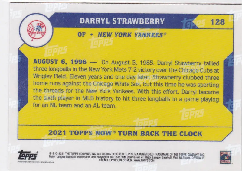 2021 TURN BACK THE CLOCK #128 DARRYL STRAWBERRY- NEW YORK YANKEES - Baseball Card Single