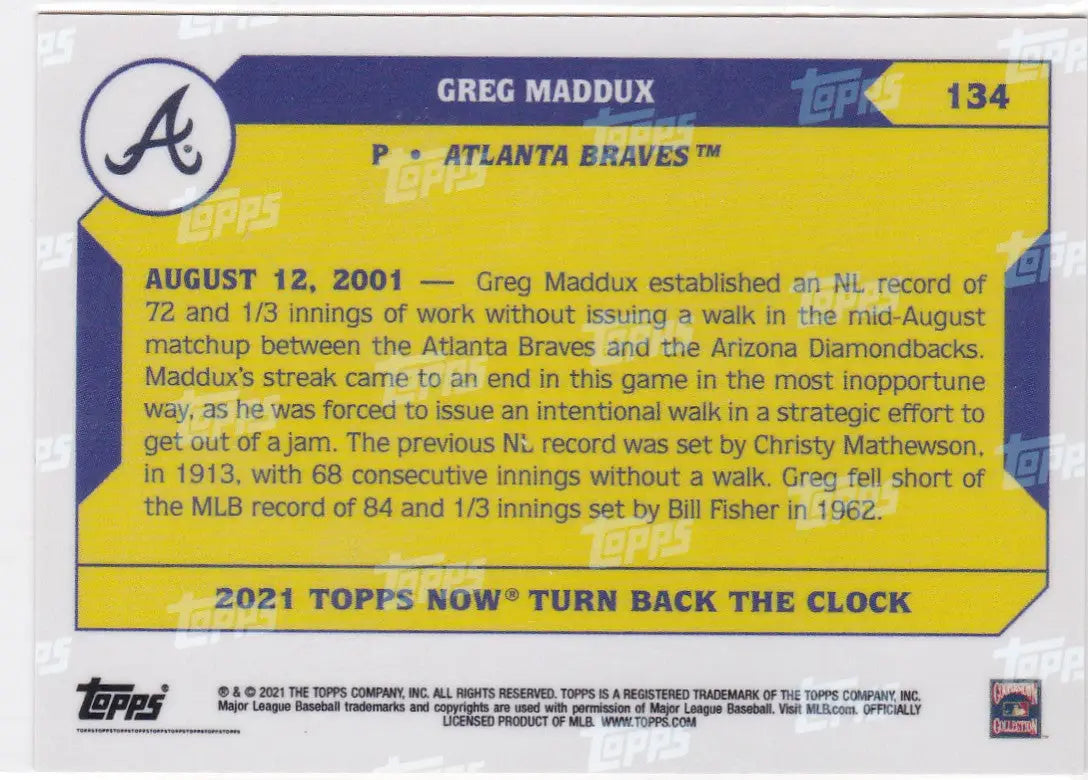 2021 TURN BACK THE CLOCK #134 GREG MADDUX- ATLANTA BRAVES - Baseball Card Single