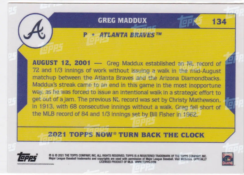 2021 TURN BACK THE CLOCK #134 GREG MADDUX- ATLANTA BRAVES - Baseball Card Single