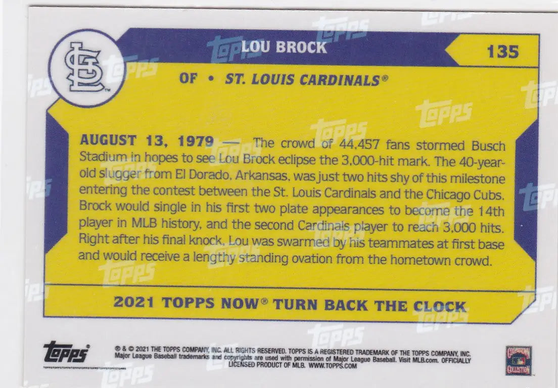 2021 TURN BACK THE CLOCK #135 LOU BROCK- ST LOUIS CARDINALS - Baseball Card Single