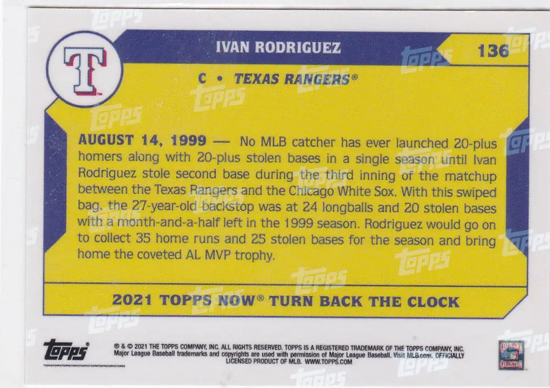 2021 TURN BACK THE CLOCK #136 IVAN RODRIGUEZ- TEXAS RANGERS - Baseball Card Single