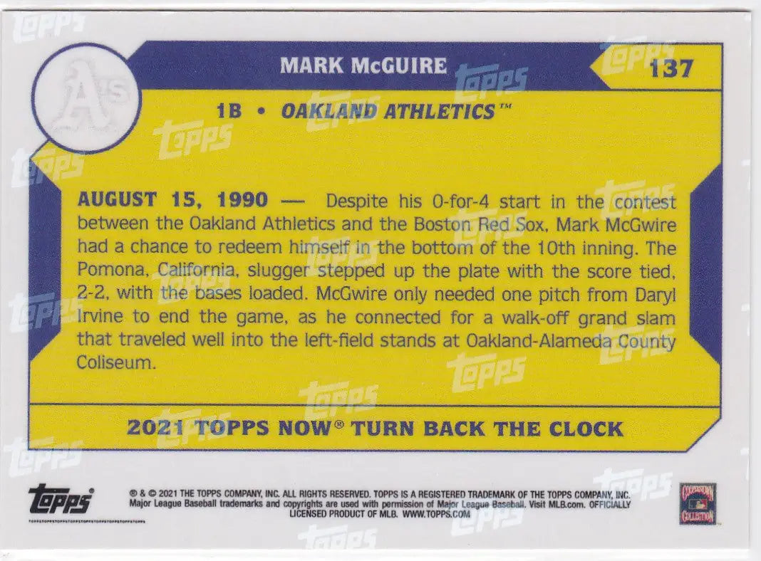 2021 TURN BACK THE CLOCK #137 MARK MCGUIRE- OAKLAND ATHELTICS - Baseball Card Single