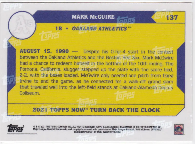 2021 TURN BACK THE CLOCK #137 MARK MCGUIRE- OAKLAND ATHELTICS - Baseball Card Single