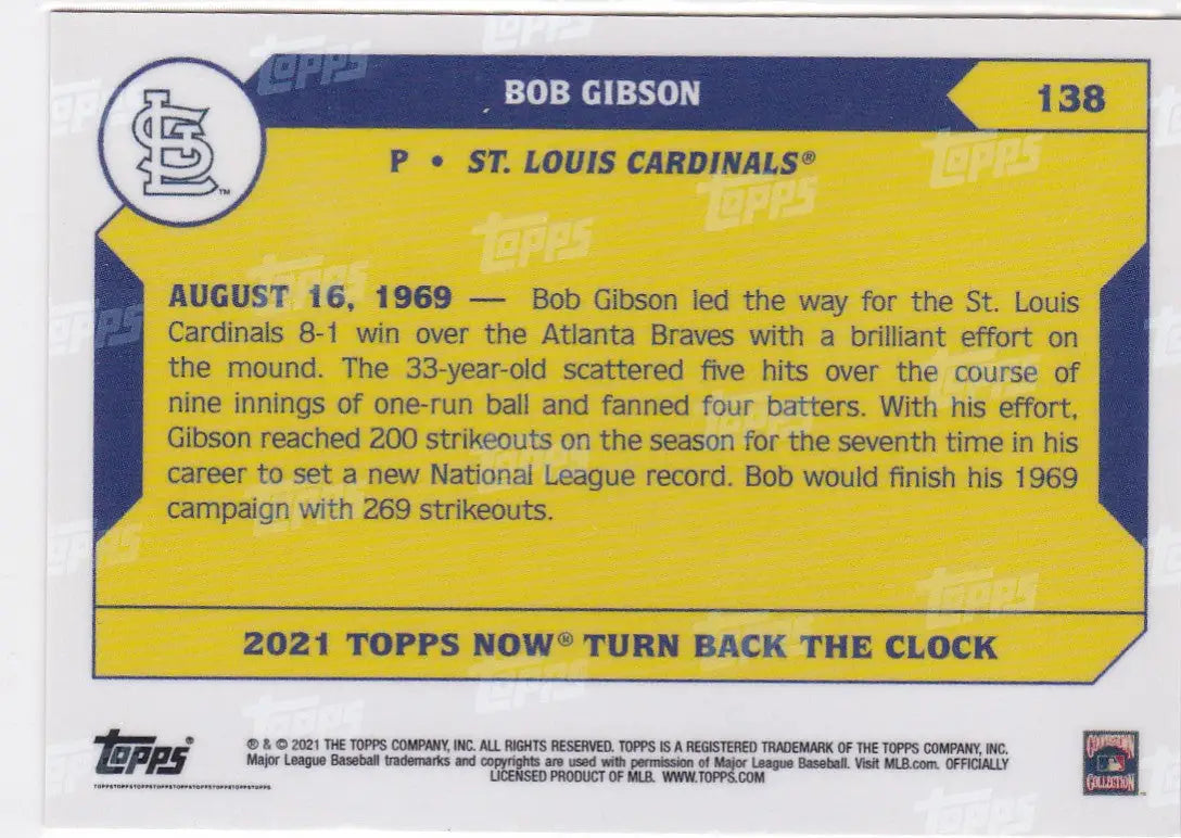 2021 TURN BACK THE CLOCK #138 BOB GIBSON- ST LOUIS CARDINALS - Baseball Card Single