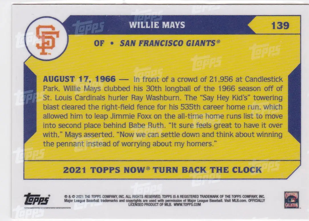 2021 TURN BACK THE CLOCK #139 WILLIE MAYS- SAN FRANCISCO GIANTS - Baseball Card Single