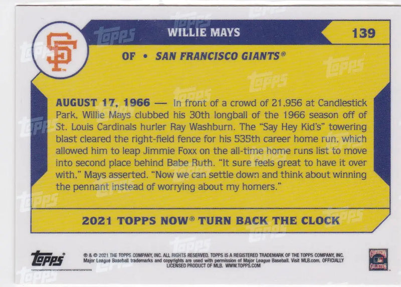 2021 TURN BACK THE CLOCK #139 WILLIE MAYS- SAN FRANCISCO GIANTS - Baseball Card Single