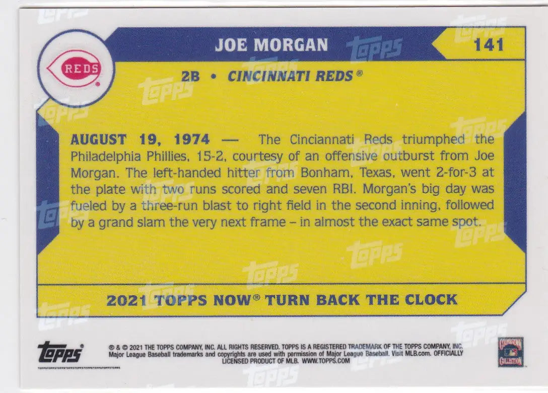 2021 TURN BACK THE CLOCK #141 JOE MORGAN- CINCINNATI REDS - Baseball Card Single
