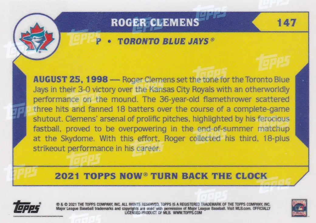 Yellow and blue baseball card of Roger Clemens from Toronto Blue Jays 2021 product