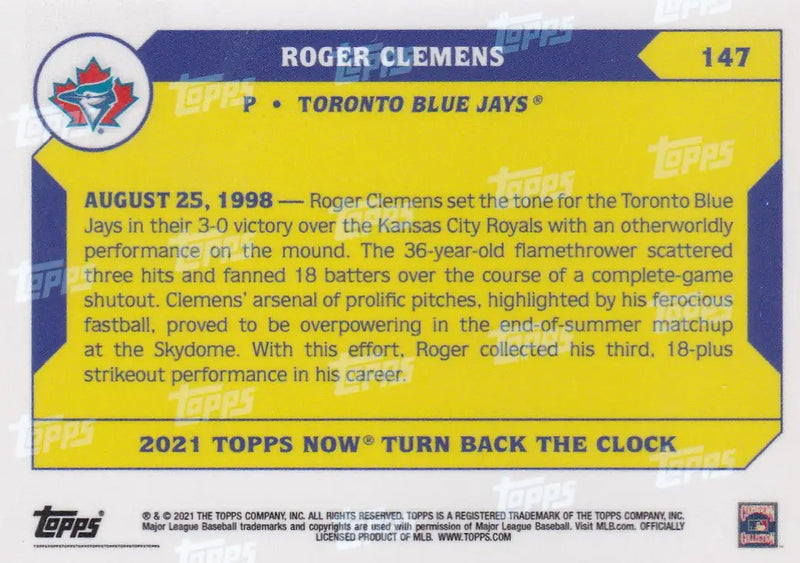 Yellow and blue baseball card of Roger Clemens from Toronto Blue Jays 2021 product