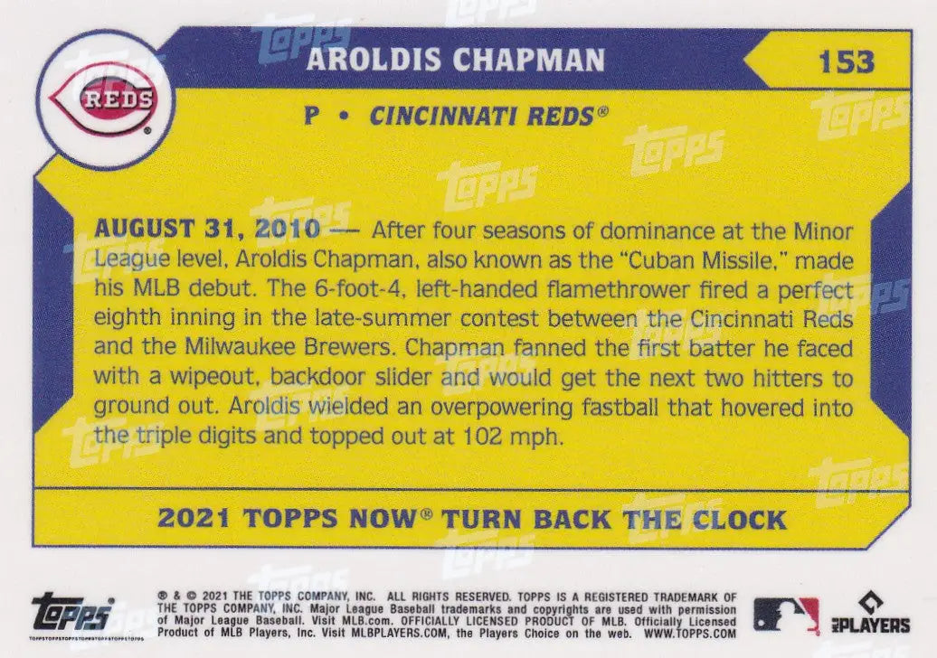 Baseball trading card of Aroldis Chapman Cincinnati Reds 2021 TURN BACK THE CLOCK #153