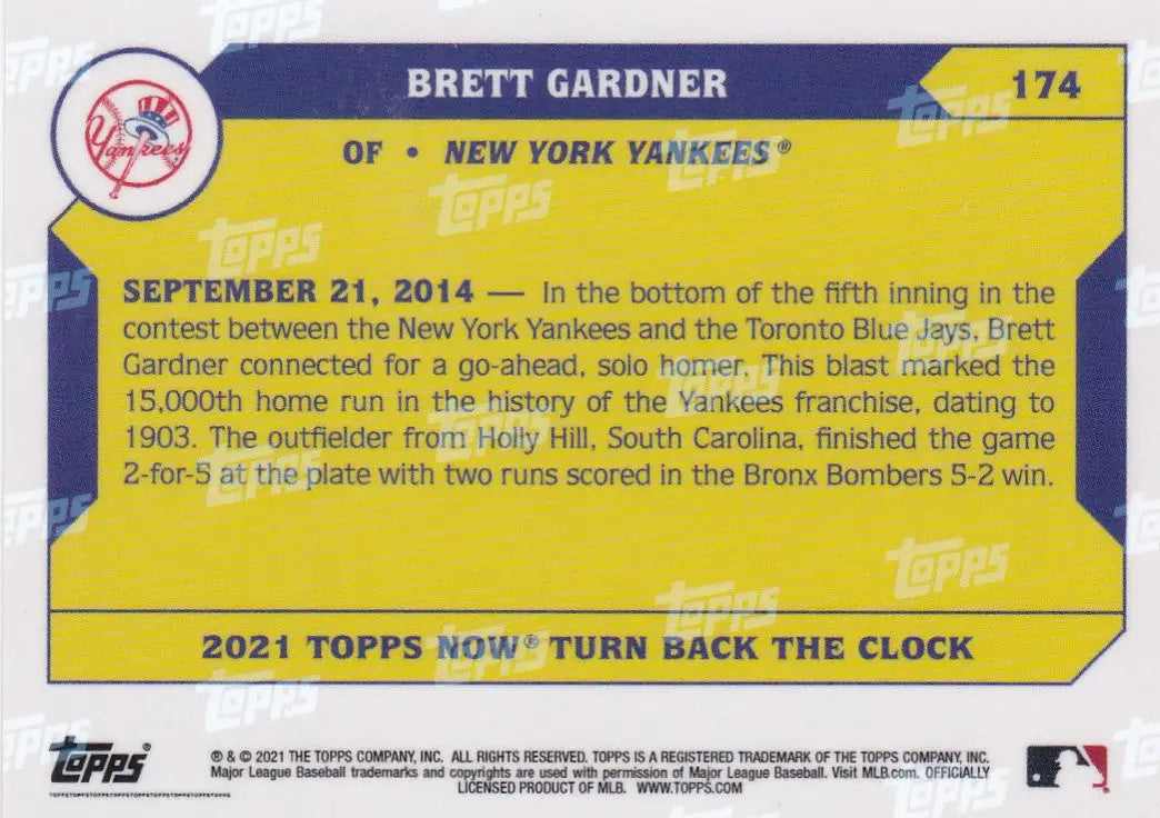 Baseball trading card of Brett Gardner from the New York Yankees 2021 TURN BACK THE CLOCK series