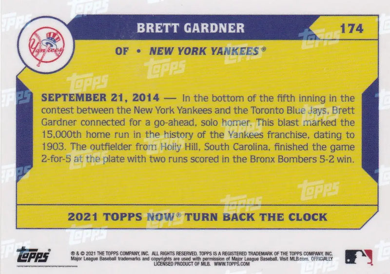 Baseball trading card of Brett Gardner from the New York Yankees 2021 TURN BACK THE CLOCK series