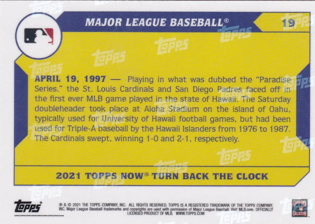 Baseball trading card from 2021 TURN BACK THE CLOCK MLB series featuring a player