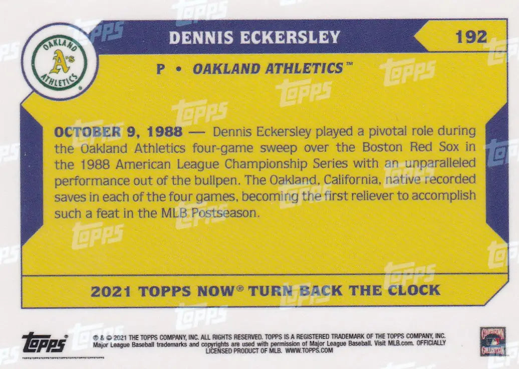 2021 Topps Now Turn Back The Clock Dennis Eckersley Oakland Athletics baseball card