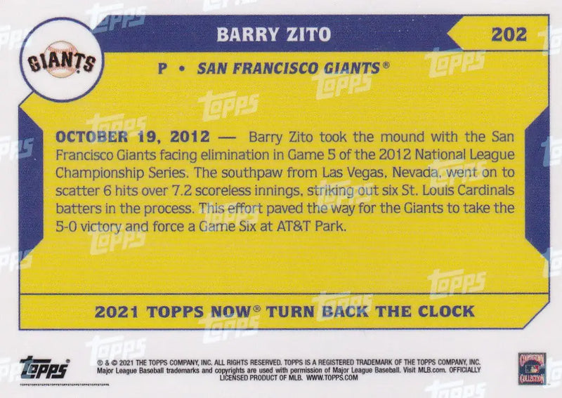 Back of a yellow and blue Barry Zito baseball card featuring San Francisco Giants player