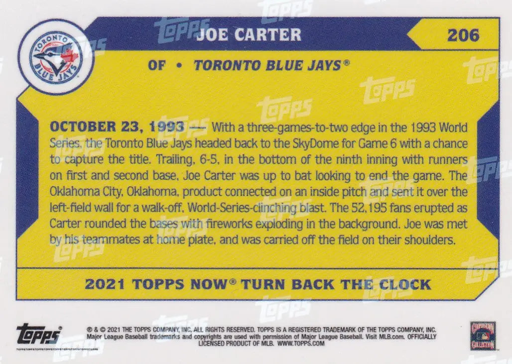 Back of 2021 TURN BACK THE CLOCK Joe Carter Toronto Blue Jays baseball card