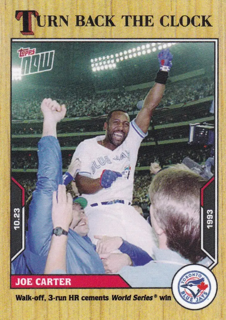 Baseball trading card of Joe Carter celebrating after World Series with Toronto Blue Jays
