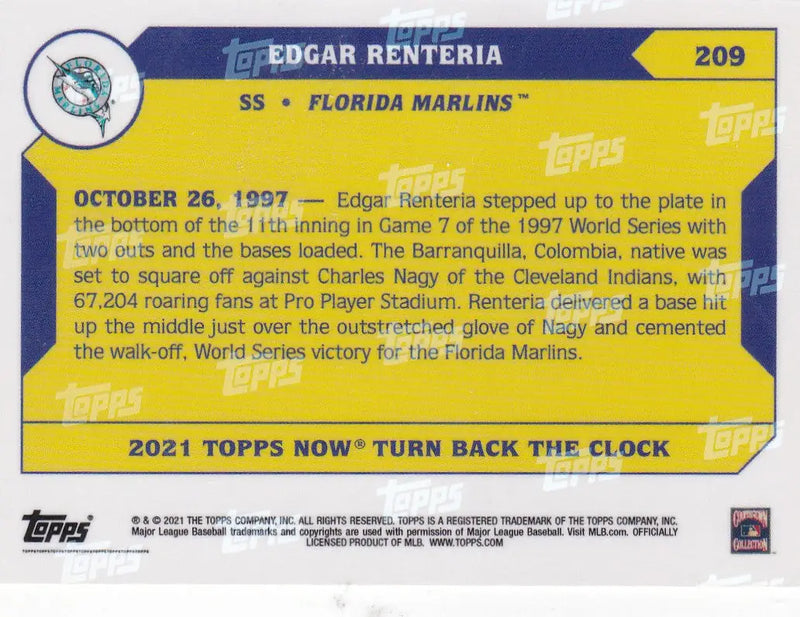 Reverse side of 2021 TURN BACK THE CLOCK Edgar Renteria Florida Marlins trading card