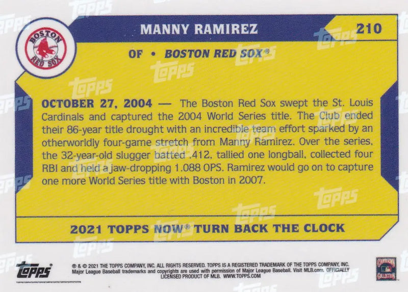 Back of 2021 TURN BACK THE CLOCK Manny Ramirez Boston Red Sox trading card