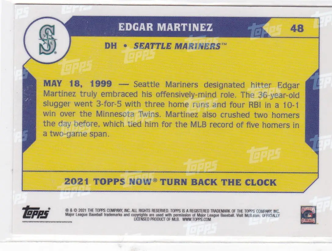 2021 TURN BACK THE CLOCK #48 EDGAR MARTINEZ- SEATTLE MARINERS - Baseball Card Single