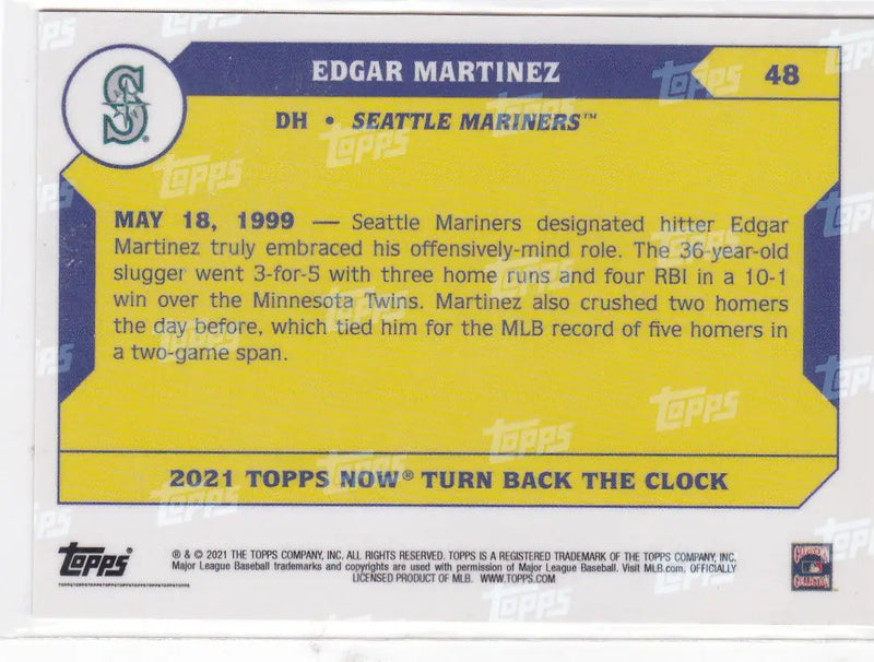 2021 TURN BACK THE CLOCK #48 EDGAR MARTINEZ- SEATTLE MARINERS - Baseball Card Single