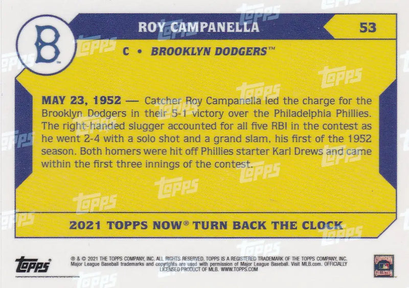 2021 TURN BACK THE CLOCK #53 ROY CAMPANELLA- BROOKLYN DODGERS - Baseball Card Single