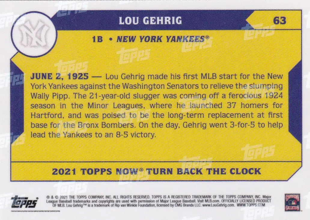 2021 TURN BACK THE CLOCK #63 LOU GEHRIG- NEW YORK YANKEES - Baseball Card Single