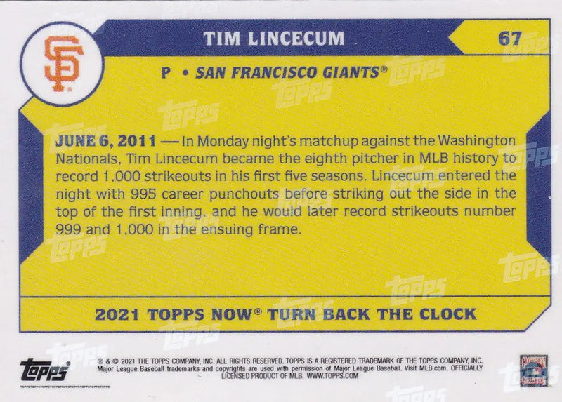 2021 TURN BACK THE CLOCK #67 TIM LINCECUM- SAN FRANCISCO GIANTS - Baseball Card Single