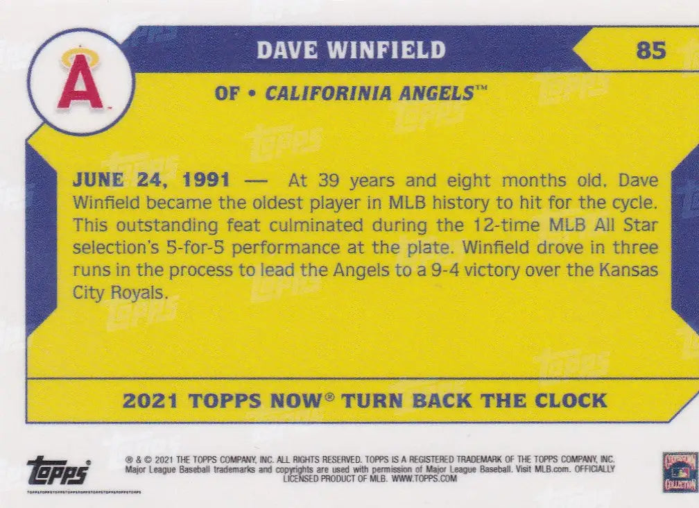 2021 TURN BACK THE CLOCK #85 DAVE WINFIELD- CALIFORINIA ANGELS - Baseball Card Single