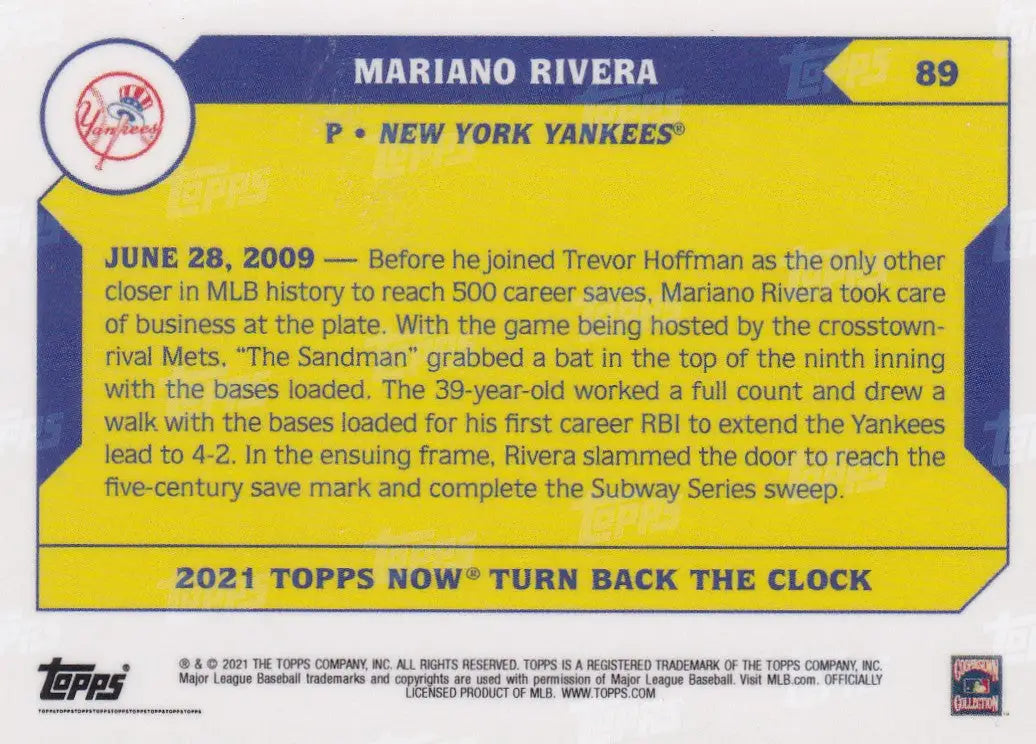2021 TURN BACK THE CLOCK #89 MARIANO RIVERA- NEW YORK YANKEES - Baseball Card Single