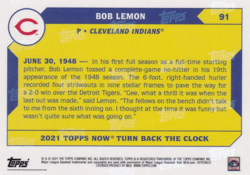 2021 TURN BACK THE CLOCK #91 BOB LEMON- CLEVELAND INDIANS - Baseball Card Single