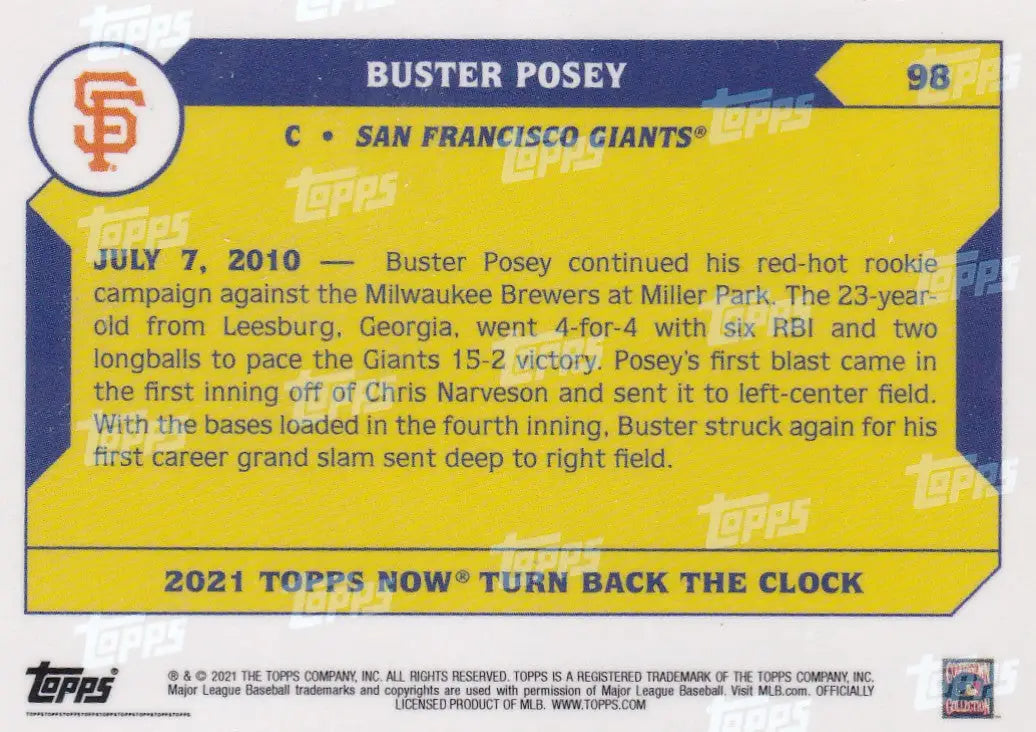 2021 TURN BACK THE CLOCK #98 BUSTER POSEY- SAN FRANCISCO GIANTS - Baseball Card Single