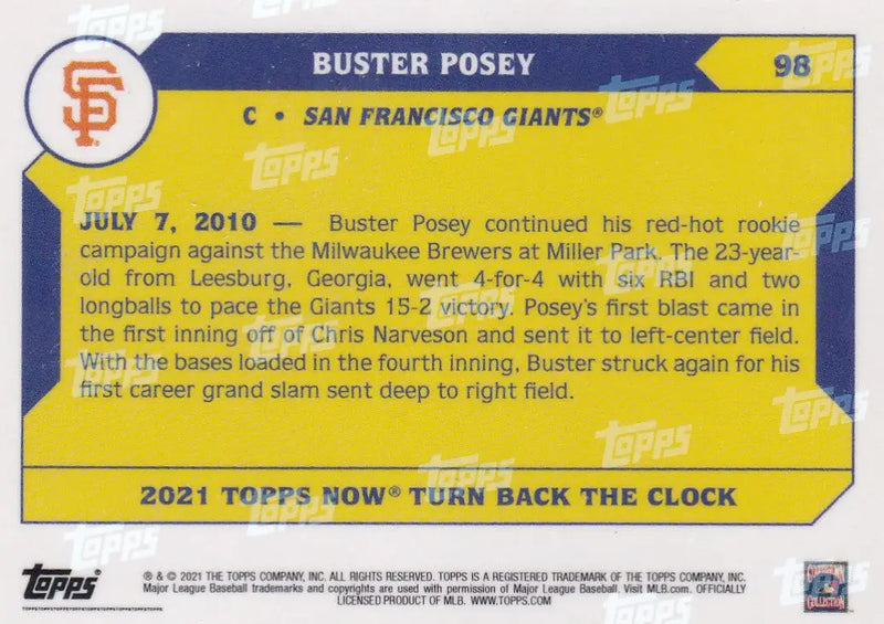 2021 TURN BACK THE CLOCK #98 BUSTER POSEY- SAN FRANCISCO GIANTS - Baseball Card Single