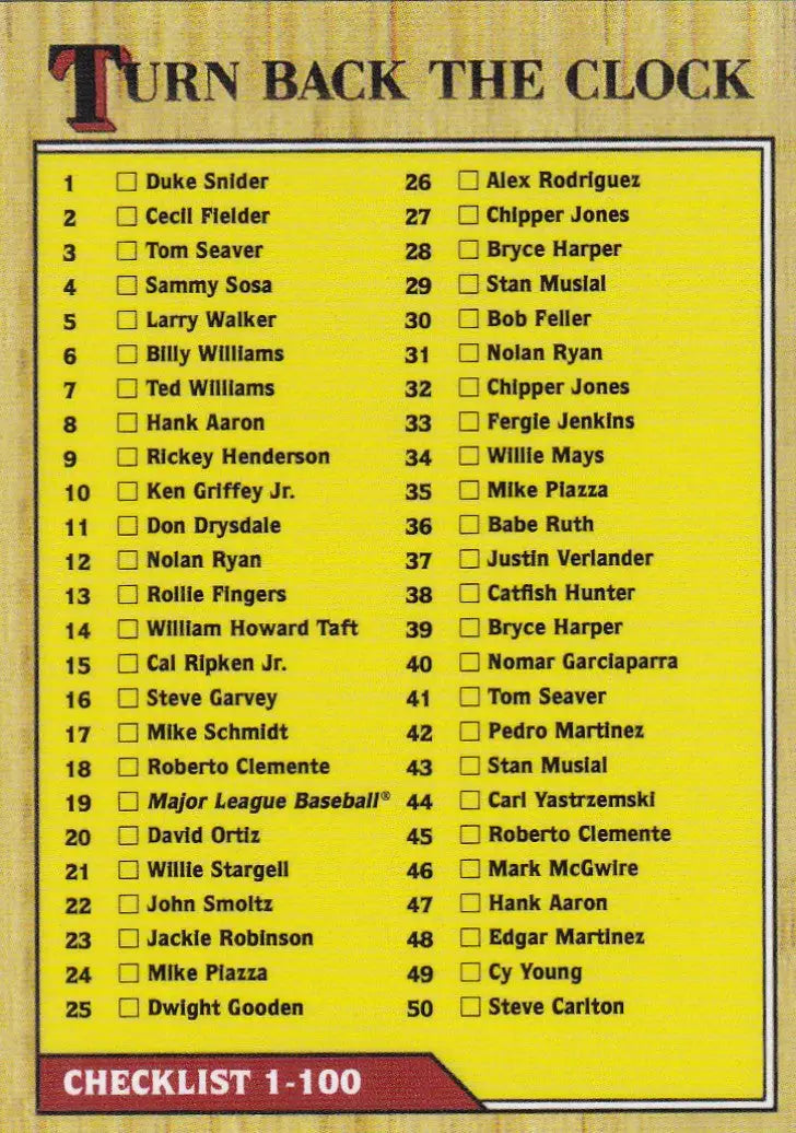 2021 TURN BACK THE CLOCK CHECKLIST baseball card featuring 50 players and clock theme
