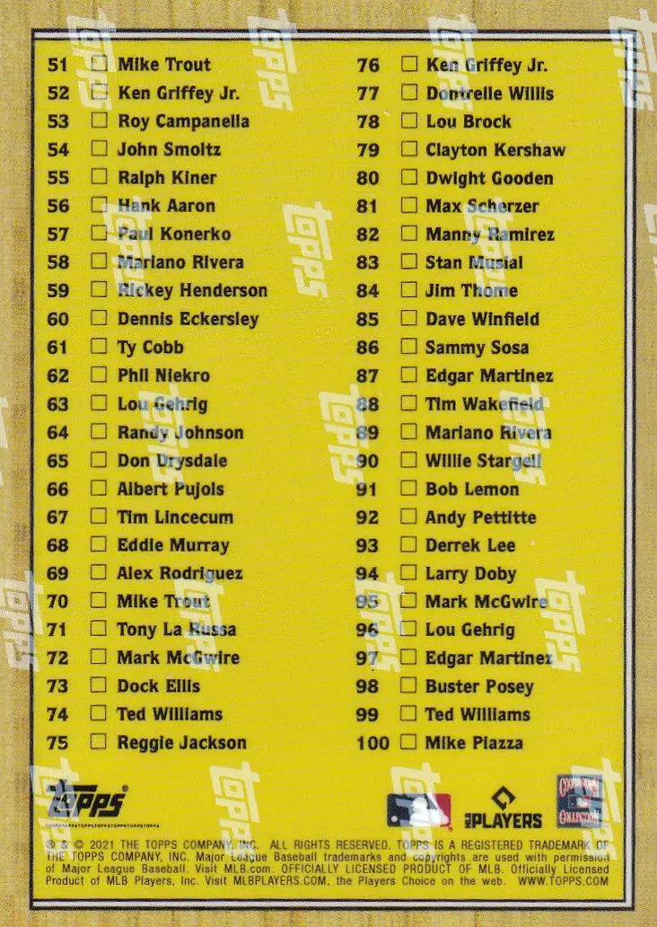 2021 TURN BACK THE CLOCK CHECKLIST with baseball players’ names and numbers